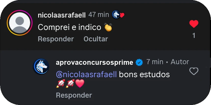 Mensagem de aluno aprovando o material